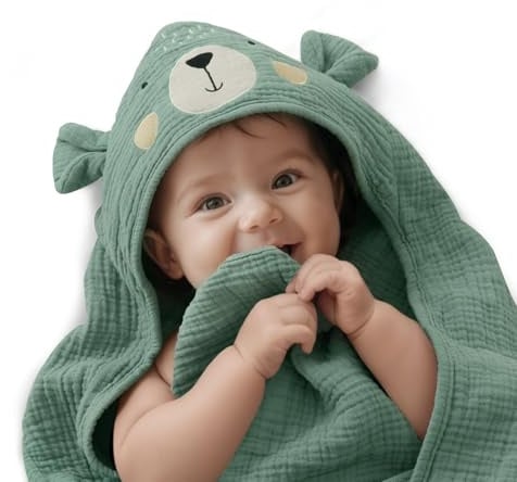 Blissful Diary Musselin Baby kapuzenhandtuch Baby,Weiche und Saugfähige Baby Handtuch Kapuze, Baumwolle Baby Badetuch Unisex, Babygeschenk, Baby-Basics, 81x81cm, Kluger Bär