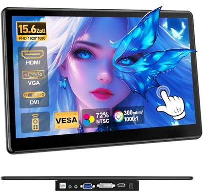 Ueplain 15,6 Pouce Touch Moniteur Tactile Portable avec Ports HDMI/VGA/DVI, Écran Tactile IPS FHD 1920×1080 Compatible avec PC/Portables/PS5/4, Industriel, Extension d'Écran, Haut-parleurs Intégr