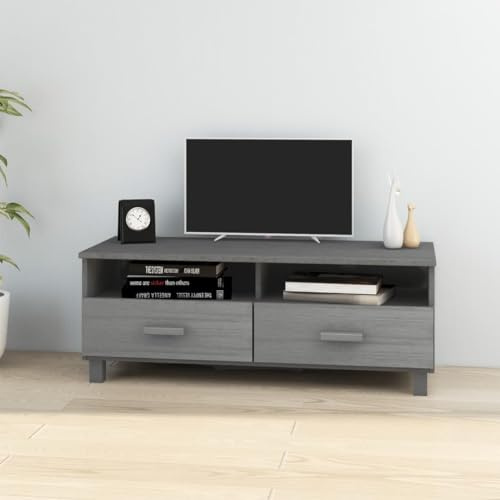 QZZCED HAMAR Meuble TV en bois massif pin gris foncé Meuble TV en bois de pin, stable et robuste avec tiroirs et compartiments, grand espace de rangement pour organi
