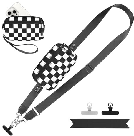 YFWE Handy-Gurt mit Geldbörse Crossbody | Abnehmbare RFID Blocking Armband Geldbörse | Universal Handy Lanyard mit 360° Drehbaren Clips für alle Smartphones (Schwarz Checkered- L)