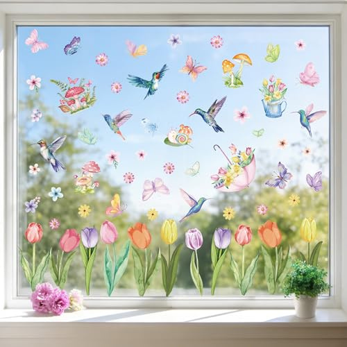 Joeyan 9 Hojas Pegatinas Primavera Ventanas Cristal Electrostáticas, 83 PCS | Vinilos de Doble Cara con Tulipanes Florales Mariposas y Pájaros, Stickers Reutilizable Decor para Casa,Hogar,Puertas,Tiendas