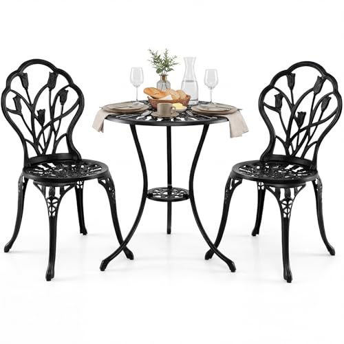 FANTASK Bistroset 3-teilig, Balkonmöbel Set inkl. Bistrotisch & 2 Stühle, Gartenmöbel Set aus Aluminiumguss, Gartengarnitur für Terrasse, Balkon, Garten (Schwarz)