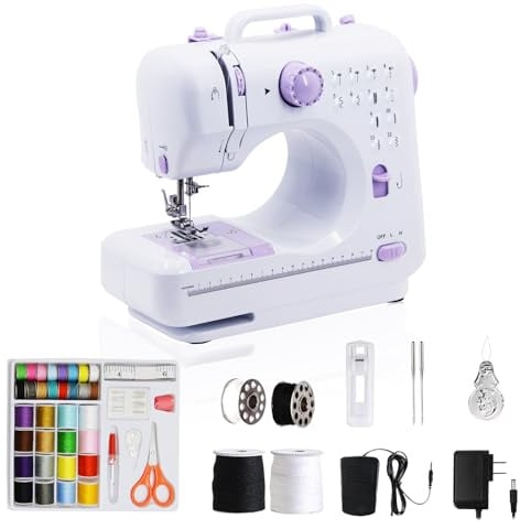 SMOCTAR Nähmaschine für Kinder und Anfänger, Mini Sewing Machine, 12 Stichprogrammen Tragbare Elektrische Nähmaschine, Handnähmaschine Kleine mit LED-Licht mit Fußpedal & Nähset (Lila-2)