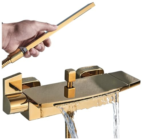 Ari Wand-Badearmatur Wasserfall Wandmontage Einhebelmischer Badezimmer Wannenarmatur mit Ablage Messing Korpus Keramikventil Modernes Design Badewannenarmatur Unterputz-Optik 150mm (Gold)