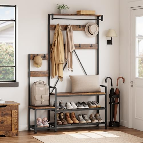 GarveeMore Industrial Hall Tree with Shoe Storage Bench, 4-in-1 Entryway Organiser with Coat Racks & Shelves, Parent-Child Design Entry Bench for Hallway Living Room Home Organisation,Brown