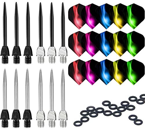 ToBeIT Dartspitzen Stahl 12 Stücke und 20 Stücke Dart Gummiring Plus 2 Set Dart Flights - Wechselspitzen aus Metall 2BA Plus Dart GummiringeDart Zubehör Set geeigent für Steeldart