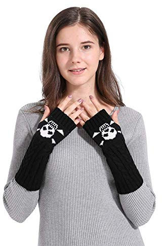 Damen Zopfmuster fingerlose Armstulpen Totenkopf Daumenloch Handschuhe Fäustlinge Schwarz, schwarz, Einheitsgröße