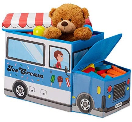 Relaxdays Sitzbox Kinder, Staubox mit Deckel, Spielzeug, faltbar, Eiswagen, Stauraum, Jungen & Mädchen, 50 Liter, blau
