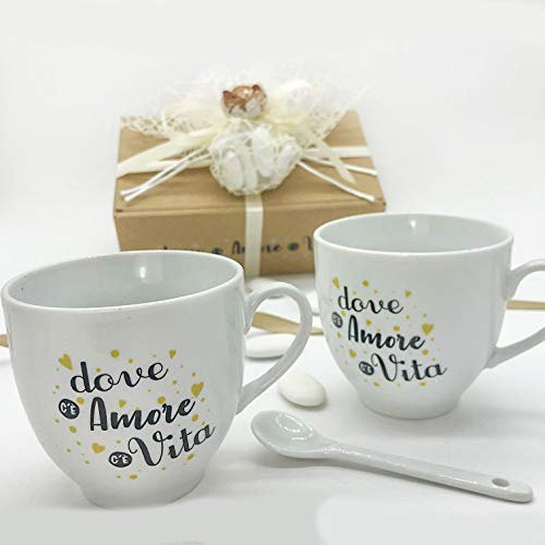 Ingrosso e Risparmio Set mit 2 weißen Keramik-Kaffeebecher mit Aufschrift Wo Liebe gibt es Leben und Teelöffel, Hochzeitsbevorzugungen, komplett mit Geschenkbox (mit Tiffany-Verpackung)
