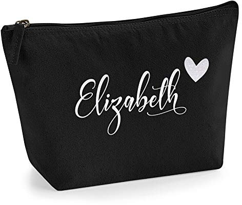 Personalisiert Name Initialen & Herz Kosmetiktasche Damen Schminktasche für Handtasche Makeup Tasche - Glitter oder Flocke Material Druck - Holo Weißer Glitzer - M | Schwarz