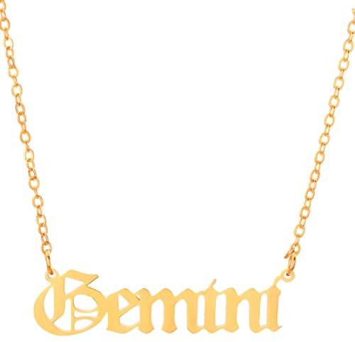 Retro Old English Gold Star Sign Pendant Chain Letter Necklace - Gemini (21st May - 21st June) - Zodiac Constellation Horoscope Celestial Astrology Jewellery - Women Men Gift