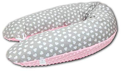 LOOLAY® 2 seitig Minky/Baumwolle Stillkissen XXL SUPER WEICH Lagerungskissen Seitenschläferkissen Ink.Bezug 170 cm (Herzchen grau/Minky rosa)