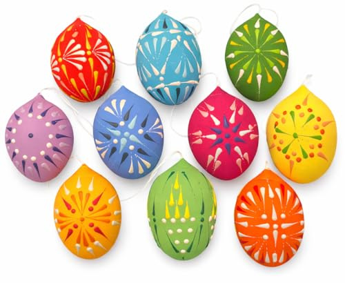 10 Handgefertigte Ostereier in Sorbischer Wachsbossiertechnik, Serama Mini-Hühnereier, Bunte Farben, Traditionelle Dekoration mit Aufhängeschlaufen
