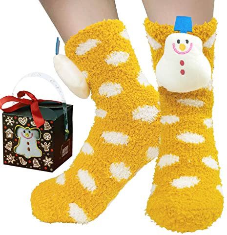 BINXWA Geschenk für frauen Flauschige socken, Antirutschsocken damen Weihnachtsgeschenke, kuschelsocken, stoppersocken Weihnachten Schneemann mit Geschenkbox, Einheitsgröße