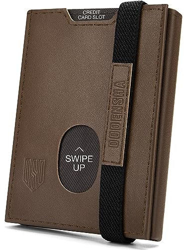 DODENSHA Petit Portefeuille en Cuir véritable avec Poche pour pièces de Monnaie, 7 emplacements pour Cartes, 2 Compartiments pour Notes, fenêtre pour Carte d'identité, Sangle élastique - Marron foncé
