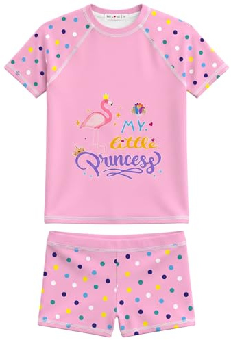 weVSwe Maillot De Bain 2 Pièces pour Filles Rash Guards Little Princess Manches Courtes Blue Flamingo 7-8 Ans
