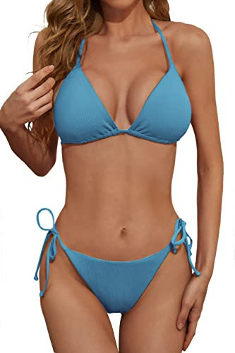 Zuvebamyo Damen Gerippter Zweiteiler Bikini Badeanzug Sexy Triangel Top Badeanzüge String Cheeky Bikini Sets, blau, Large