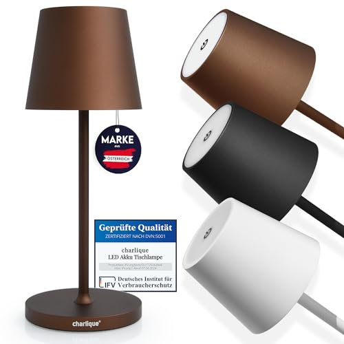 charlique® LED Tischlampe kabellos mini (braun) - Dinner Light 28 cm - Akku Tischleuchte mit USB, für indoor und outdoor, warmes Licht - wetterfest für Balkon, Terrasse & Garten