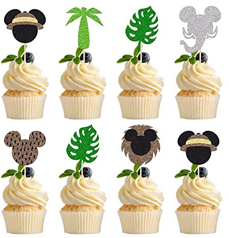 Gyufise 24Pcs Mouse Safari Cupcake Toppers Glitter Jungle Leaves Cupcake Picks Cute Animal Safari Cake Decorations Baby Shower Kids Birthday Micky Theme Party Supplies