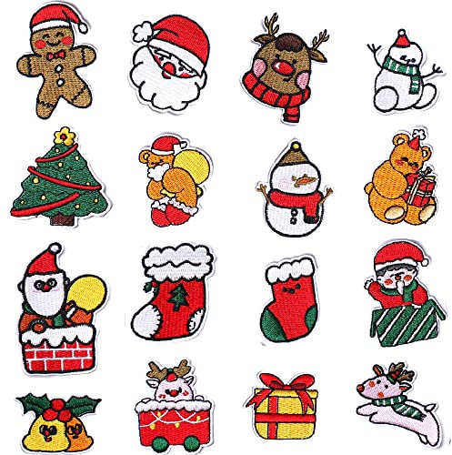AXEN 16PCS Christmas Embroidered Iron on Patches DIY Accessories, Christmas Stocking Snowman Gift Snow and Santa Claus Patches