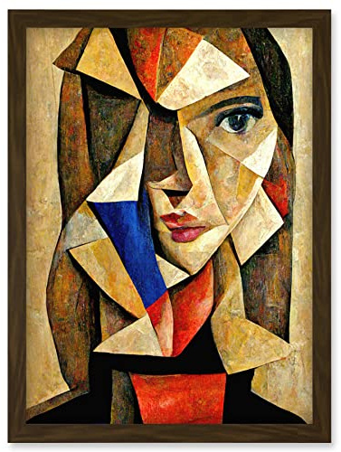 Doppelganger33 LTD Painting Cubism Style Portrait Of Young Woman Beige And Brown Artwork Framed Wall Art Print A4