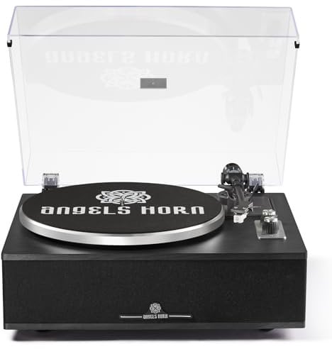 ANGELS HORN Giradischi Vinile Bluetooth | Giradischi Hi-Fi a 2 velocità con altoparlanti integrati | Include preamplificatore Phono & Cartuccia magnetica AT-3600L | Edizione classica nera