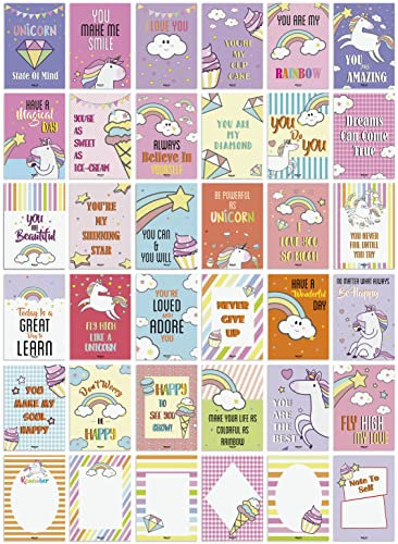 Inkdotpot Pack De 36 Notas De Lonchera Para Niños/Adolescentes, Líneas Inspiradoras Diarias, Pensamientos Felices Para Niños, Estudiantes, Afirmaciones Positivas, Estímulo (Tema De Unicornio)