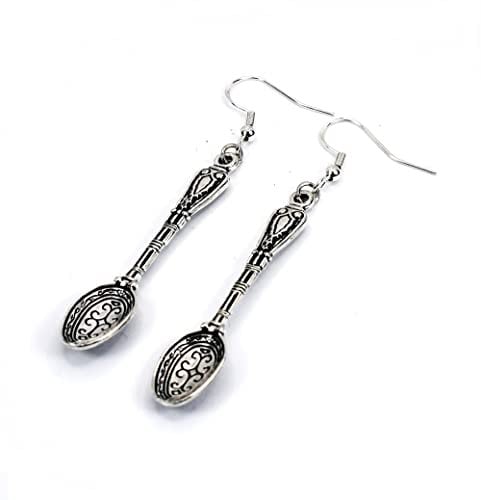 Spoon Earrings, Sterling Silver Hooks, 5cm Drop Decorated on Both Sides, Handmade in Cornwall