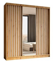 ALTDECOR Kleiderschrank mit Spiegel und Schiebetüren, kugelgelagerte Führungsschienen und Aluminium-Leisten, LED-Beleuchtung (16 Farben) und Fernbedienung - LAMELO - 180 cm Artisan + Artisan + Weiß