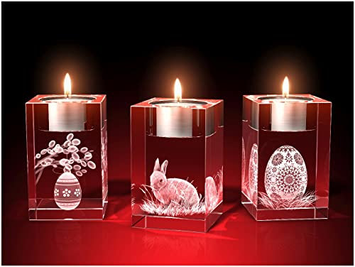 GLASFOTO.COM Glasfoto Oster-Teelichter 3er-Set 1 (50 x 80 x 50) Teelichthalter – Kristallglas mit Innengravur Ostern Deko als Ostergeschenk