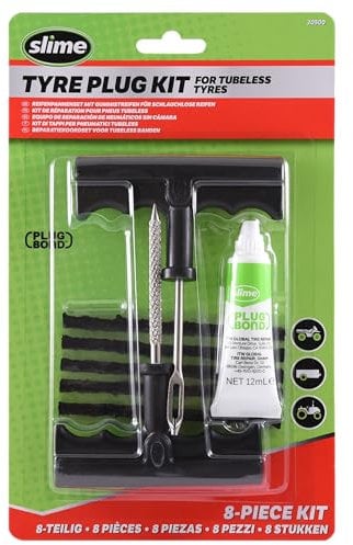 Slime 20500 Kit de Réparation de Pneu avec Alésoir et Porte-Mèche, Mèches de Taille Moyenne Extrêmement Résistantes, Poignée en Forme de T et Colle à Mèche, Lot de 8 Pièces