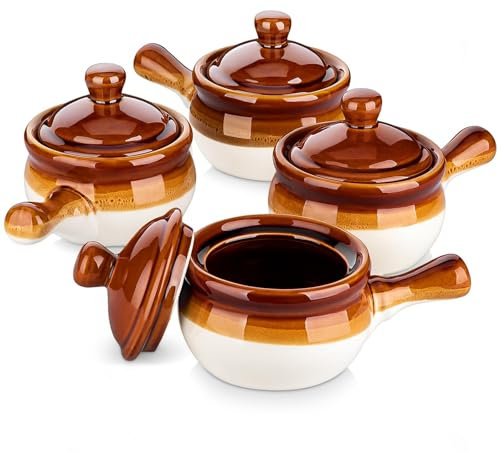 LOVECASA 16 OZ French Onion Soup Crocks with Lid,Porcelain Soup Bowls with Extended Handle,Serving Bowls for Chili, Beef Stew, Cereal, Pot Pies, Lasagna,Microwave/Oven-Safe,Set of 4
