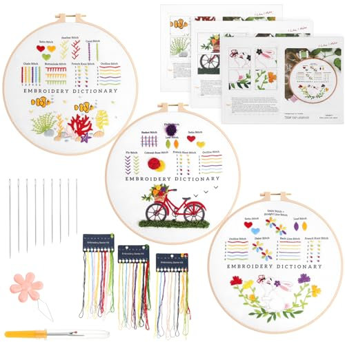 Cobee Stickset für Anfänger,3 Sets 15 Verschiedene Stiche Grundlegende und Fortgeschrittene Stickstiche Blumenmuster Pflanzen Sticken mit Stickrahmen Anleitung Werkzeuge Embroidery Kit für Erwachsene