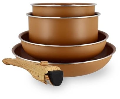 MENASTYL - Batterie de cuisine amovible revêtement antiadhésif céramique sans PFAS/PTFE - 2 poêles 22/26cm, 2 casseroles 16/18cm, 1 poignée - Tous feux dont induction – Alu recyclé Noisette - 6020586