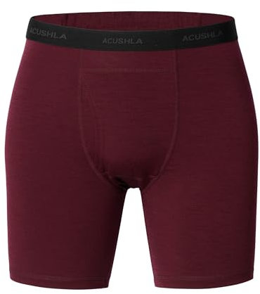 ACUSHLA Merino Wool Boxer Briefs for Men - Breathable Soft Odor Control Base Layer Underwear Long-leg and Trunk Underpants, Wine Red, L