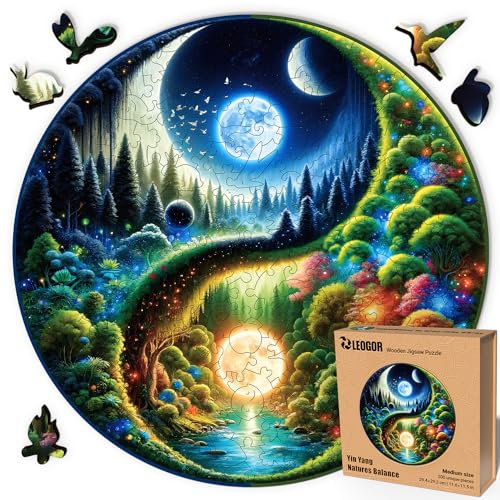 LEOGOR Yin Yang Natures Balance – Holzpuzzle Erwachsene Yin Yang, 200 Teile – 29,4 × 29,2 cm – 5 mm Dickes Holz, handgeformte Teile, rundes Mosaikdesign – Magisches Holz Puzzle für Puzzle-Liebhaber