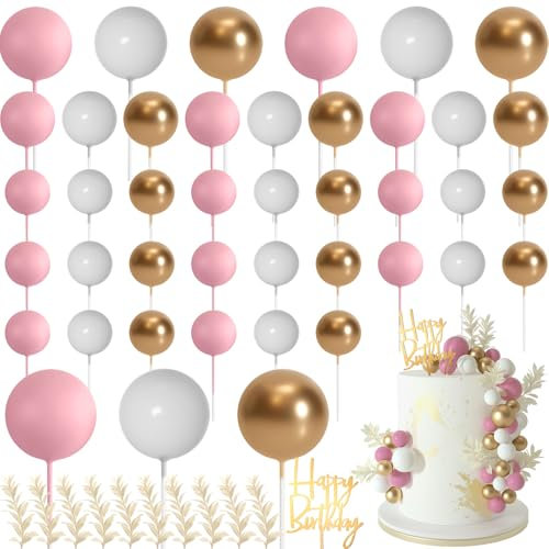 MIAHART Kugel-Kuchenaufsätze, Boho-Gras-Kuchenaufsatz, Dekoration für Geburtstag, Hochzeit, Babyparty, Party-Dekorationen, Boho-Motto-Partyzubehör (weiß, gold, rosa)