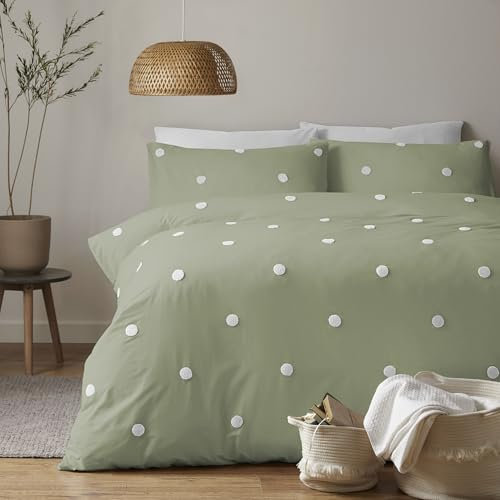 Appletree - White Polka Dots Duvet Cover Set - Single Size - 100% Cotton - 1 Pillowcase - Sage Green with White Dots - 2 Pieces