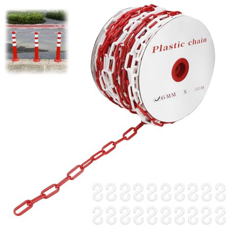 QWORK® Cadena barrera de plástico, cadena barrera 6mm 50M rojo blanco, para hoteles, aparcamientos, estaciones de tren (1 rollo)