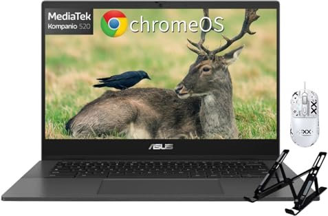 ASUS Chromebook CM1402 Laptop, 14 FHD, MediaTek Kompanio 520 Processor, 4 GB RAM, 64 GB eMMC, WiFi 6, Webcam, Micro SD Card Reader, Long-Lasting Battery, Chrome OS, Laptop Stand