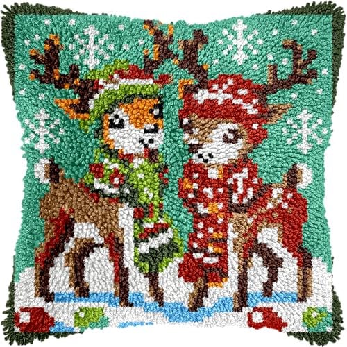 Knüpfhaken-Set mit weihnachtlichem Rentier für Erwachsene und Kinder, Anfänger, Tiere, Knüpfkissen-Set, vorgedruckter Haken- und Riegelteppich, Kreuzstich-Stickkissen für Zuhause, Sofa, Dekoration