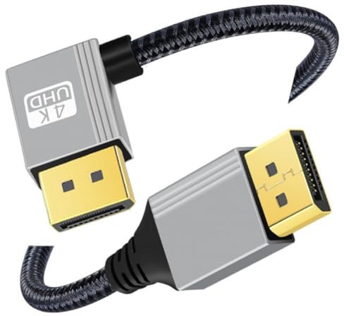 chenyang Câble DisplayPort 1.2, DisplayPort vers DisplayPort coudé à 90 degrés vers la gauche 4K @ 60Hz 2K @ 144Hz Haute vitesse Câble tressé plaqué or 1,0 m