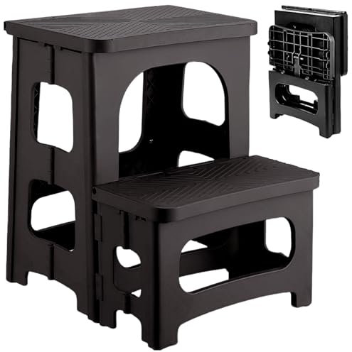 2 Step Stool Foldable, Non-Slip Steps, Folding Step Stool for Adults & Kids, Plastic Stool Pool Ladder, Collapsible Stools 2 Step Ladder for Kitchen Toilet Bedroom Office RV, Holds 330 lbs