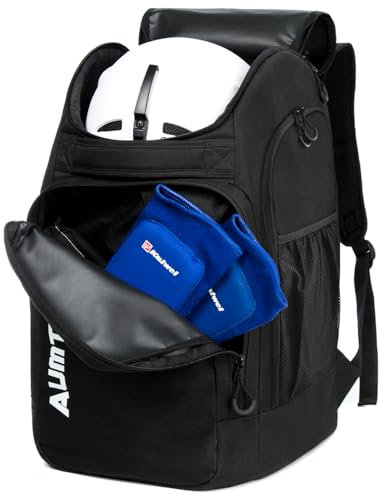 AUMTISC Skischuhtaschen mit Helmfach und Rucksackgurten, Skirucksack Skischuhrucksack mit Helmtasche, Skitasche Siksack für Skistiefel, Schlittschuhe, Snowboard (Schwarz, 65L)