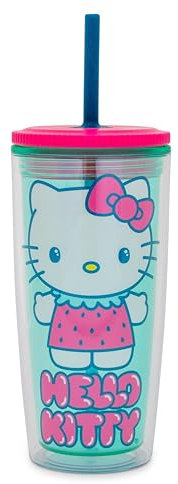 Silver Buffalo Sanrio Hello Kitty - Tazza di plastica con fragole e coperchio antigoccia e cannuccia riutilizzabile, contiene 590 ml