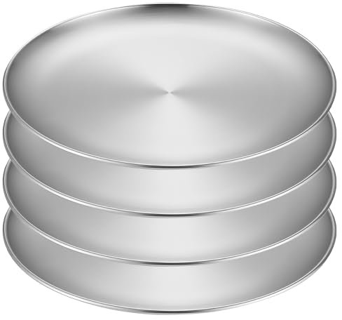 LEKEFETO 4 platos de acero inoxidable, diámetro de 20 cm, vajilla redonda de acero inoxidable, platos de camping, platos de acero inoxidable estables para camping, picnic, senderismo, cocina, fiesta