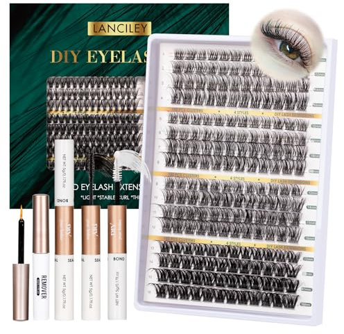 Cluster Lashes Kit 192pcs Individual Eyelashes 4 Styles Lash Clusters 10-16mm Mixed Wide Stem Eyelash Clusters Natural Lashes DIY Lash Extension Kit with Lash Bond and Seal at Home-DM23+25+27+28
