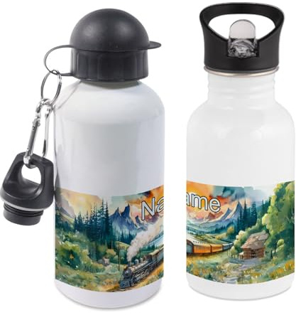 Maus-Design Trinkflasche personalisiert mit Name, Zug | 400ml, 500ml oder 600ml, Schriftwahl für Name, Edelstahl oder Aluminium