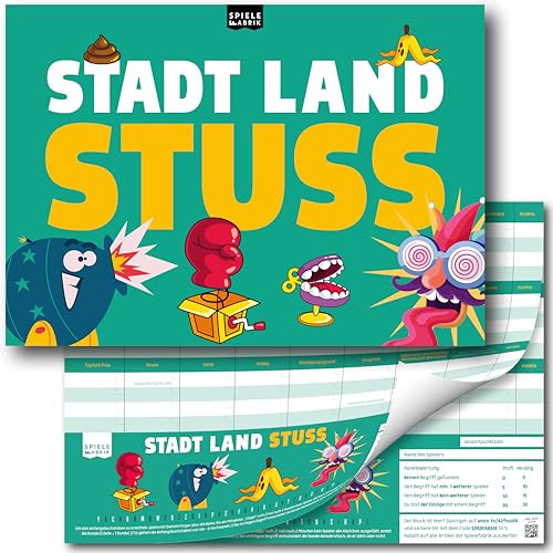 Stadt Land Fluss STUSS Spiel für Erwachsene Spielblock A4 als lustiges Ratespiel Quiz mit 24 irrwitzigen Kategorien | Spiele-Klassiker Partyspiel, Reisespiel, Geschenk-Idee DIN A4-Block mit 50 Blatt