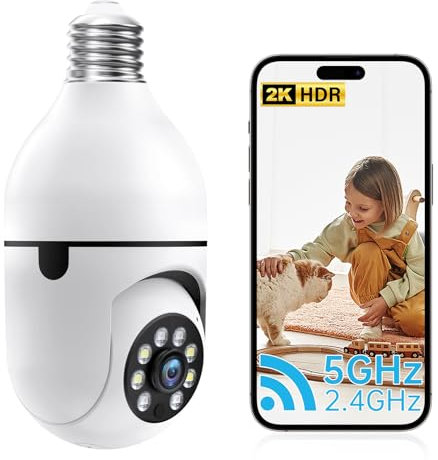 Security Camera with Bulb, 2.4G/5G WiFi Security Cameras, Wireless Outdoor Cameras, 2K Bulb Cameras for Home Security, Motion Detection Alarm, Vision